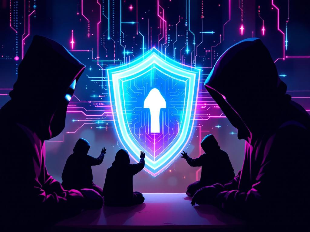 diferencia entre amenaza y vulnerabilidad : Una ilustración estilizada que muestra varias figuras encapuchadas en la sombra (representando hackers y malware) lanzando anzuelos de phishing y código malicioso hacia un escudo digital brillante que protege los datos de una empresa. El estilo debe ser moderno y tecnológico, con tonos oscuros y neones.
