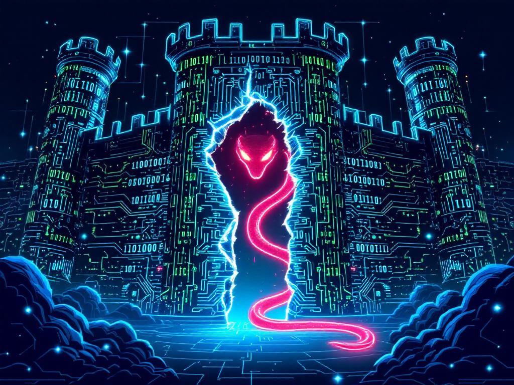 diferencia entre amenaza y vulnerabilidad : Una imagen conceptual de una robusta muralla de castillo hecha de circuitos digitales (representando la seguridad de un sistema). Sin embargo, en la muralla hay una grieta visible (la vulnerabilidad) por la que se cuela una serpiente de neón rojo (la amenaza). La imagen debe transmitir la idea de que incluso la defensa más fuerte puede tener un punto débil.