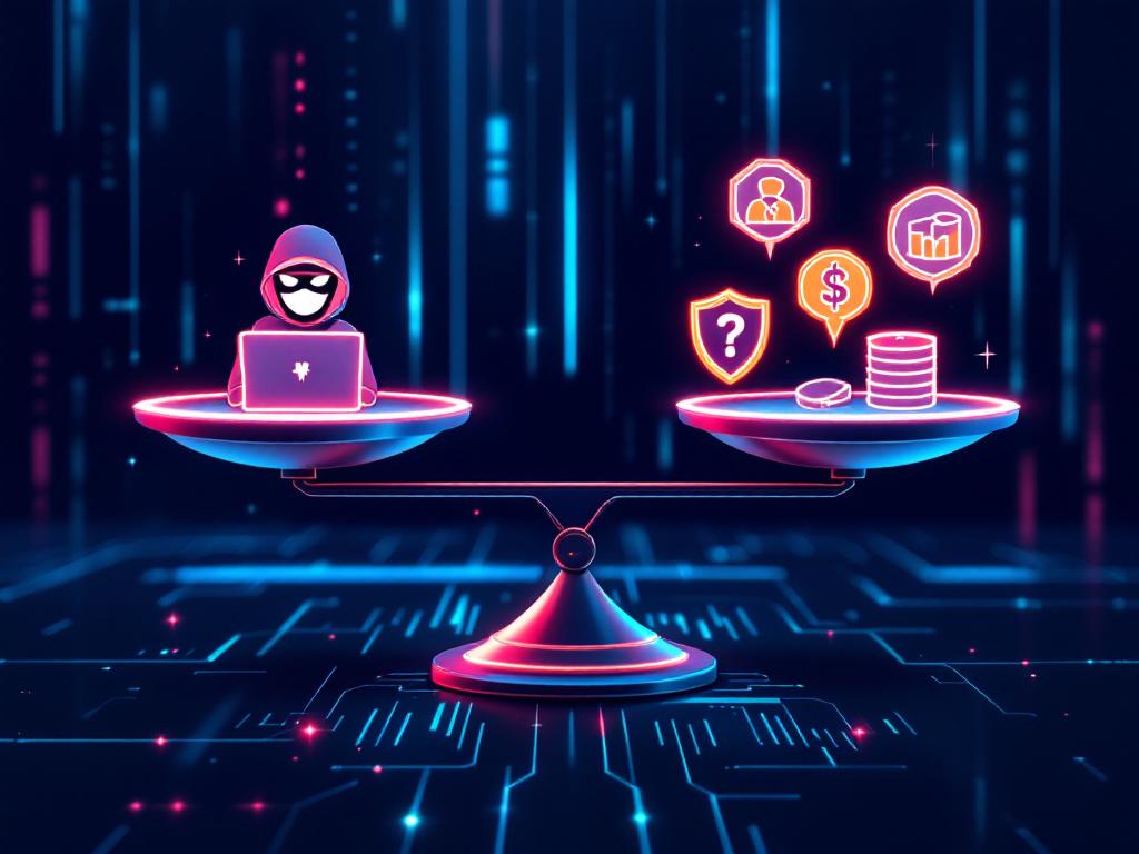 diferencia entre amenaza y vulnerabilidad : Una balanza de la justicia. En un plato, hay un icono de un hacker (amenaza) y un escudo roto (vulnerabilidad). En el otro plato, que está inclinado hacia abajo por el peso, hay iconos que representan la pérdida de dinero, datos dañados y una mala reputación (impacto/riesgo). El fondo es una matriz de datos abstracta.