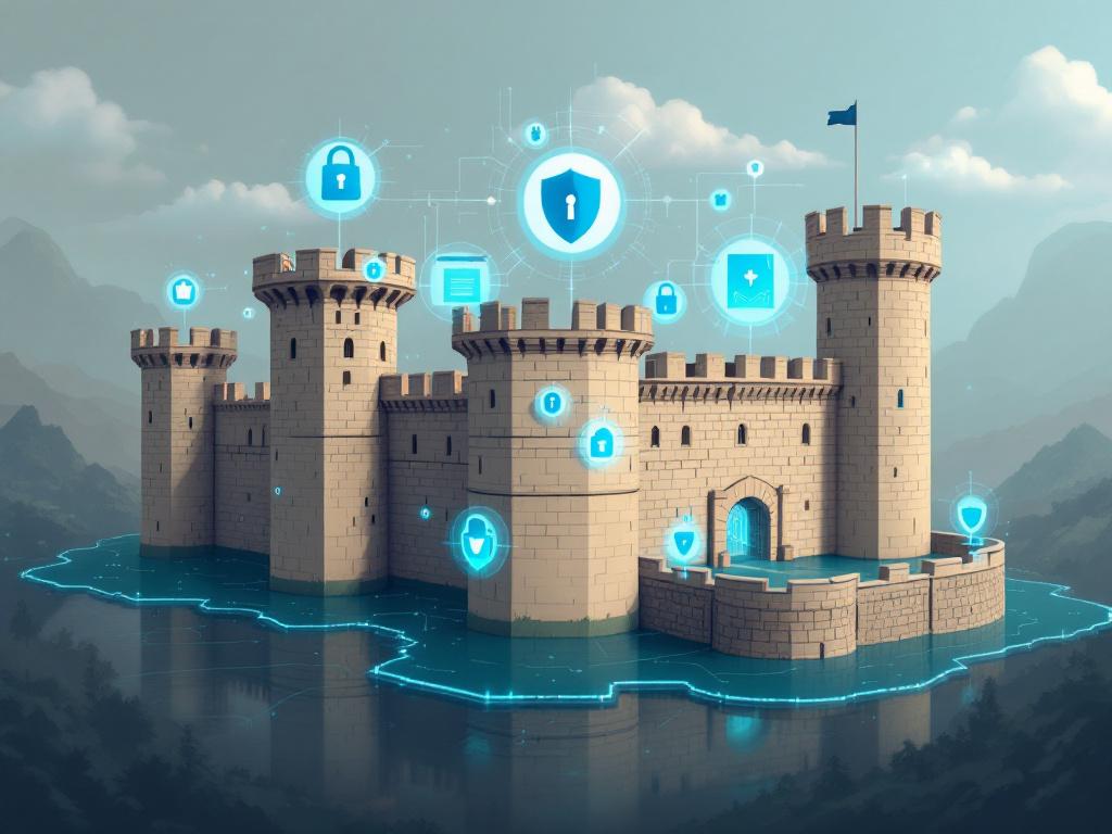Ejemplos de defensa en profundidad: Analogía visual de la Defensa en Profundidad, comparando las capas de un castillo medieval con las capas de la ciberseguridad.