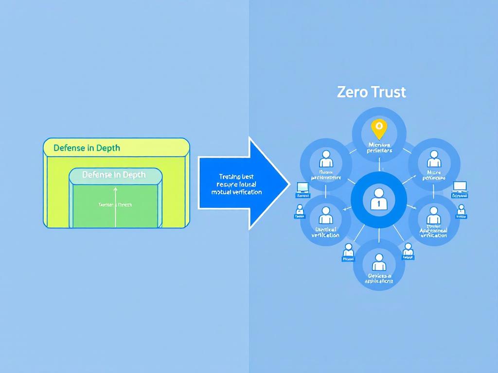 Ejemplos de defensa en profundidad: Diagrama evolutivo que muestra cómo la Defensa en Profundidad centrada en el perímetro se transforma en una arquitectura Zero Trust centrada en la identidad. 