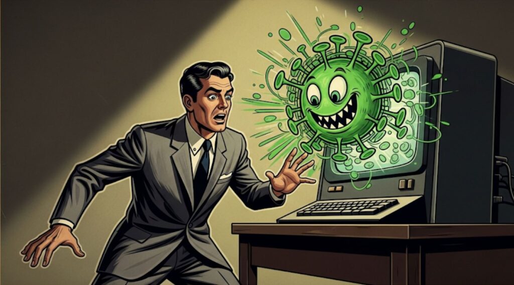 evolución de los ciberataques Una ilustración al estilo de los años 50 de un hombre de negocios mirando horrorizado su voluminosa computadora de oficina, de la cual emerge un 'virus' monstruoso, caricaturesco y de color verde con ojos traviesos. La escena tiene el aire dramático de un póster de película de terror antigua