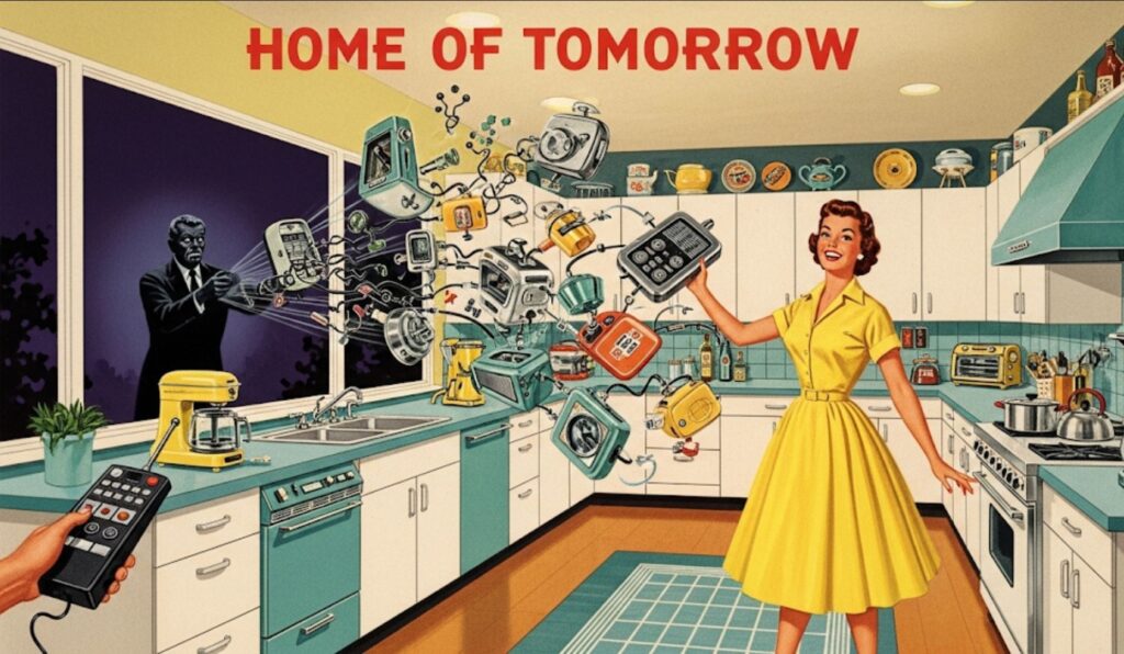 evolución de los ciberataques La ilustración de un anuncio de la 'Casa del Mañana' de los años 50. Un ama de casa sonriente muestra su cocina 'inteligente', pero fuera de la ventana, una figura sombría con un control remoto hace que todos los electrodomésticos se vuelvan locos. El estilo es brillante y optimista, en contraste con el siniestro suceso.