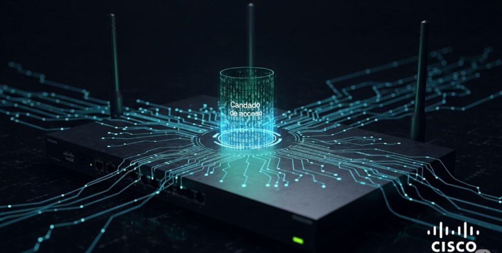 qué es el framework aaa: Ilustración de un router de red con un candado digital y líneas de código, representando la seguridad de AAA en la infraestructura.