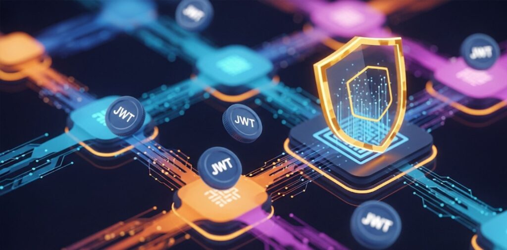 Qué es el framework aaa: Diagrama abstracto de microservicios conectados con elementos de seguridad como tokens JWT y un escudo.