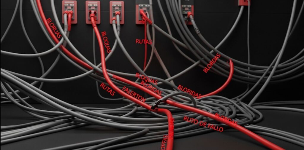 Qué es el framework aaa: Laberinto de cables y conexiones de red, representando la complejidad de la implementación de AAA.