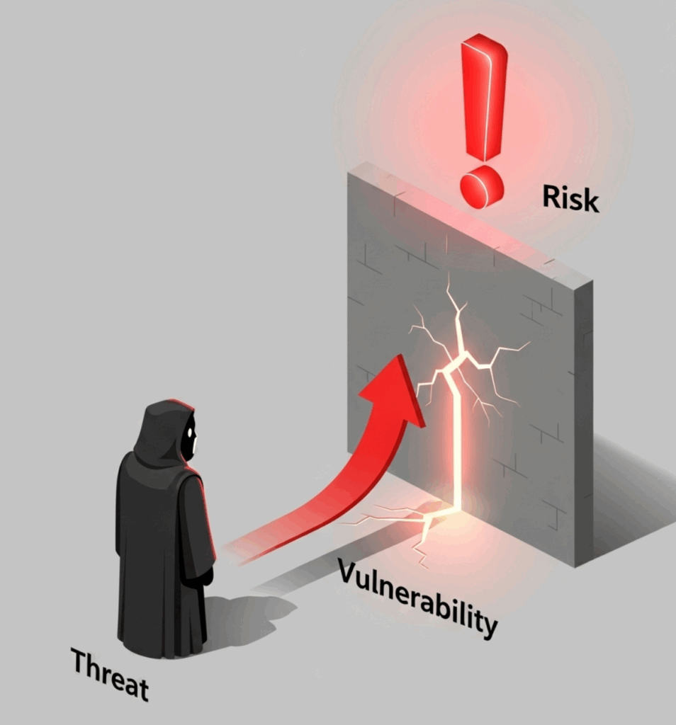Diagrama que ilustra la relación entre amenaza, vulnerabilidad y riesgo en ciberseguridad.