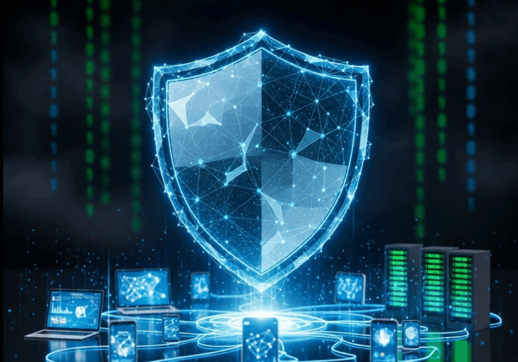 Escudo digital protegiendo una red de dispositivos interconectados, simbolizando los fundamentos de la ciberseguridad.