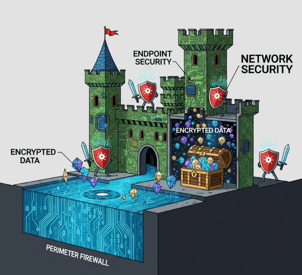 Diagrama que compara las capas de la defensa en profundidad en ciberseguridad con las defensas de un castillo.
