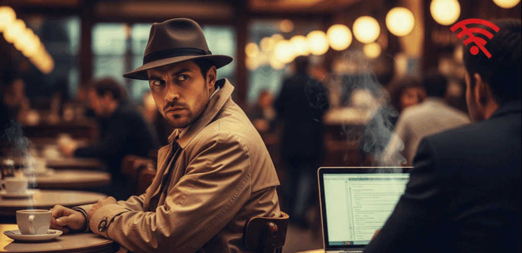 Es seguro conectarse a una red wifi abierta: Persona trabajando en un portátil en una cafetería, con un icono de advertencia de Wi-Fi superpuesto.