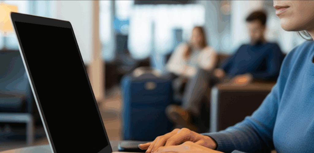 Es seguro conectarse a una red wifi abierta: Pantalla de un portátil con un filtro de privacidad que oscurece la visión desde los lados.