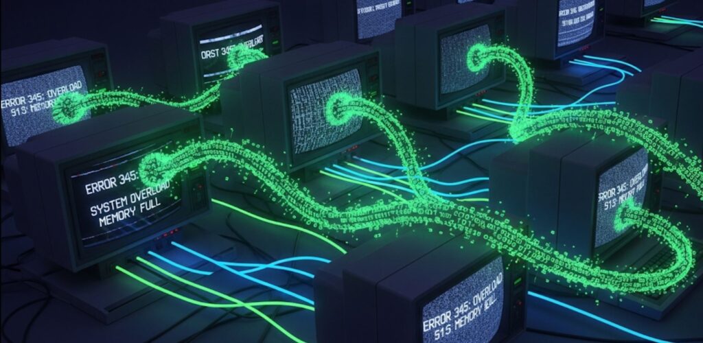Diferencia entre virus troyano y spyware -  Ilustración retro del Gusano Morris, representado como un gusano de código verde, extendiéndose por una red de ordenadores de los años 80 y causando el caos.