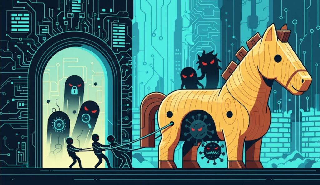 Diferencia entre virus troyano y spyware -   Ilustración de un caballo de Troya digital, disfrazado de programa inofensivo, siendo introducido en un sistema mientras malware sale de su interior.