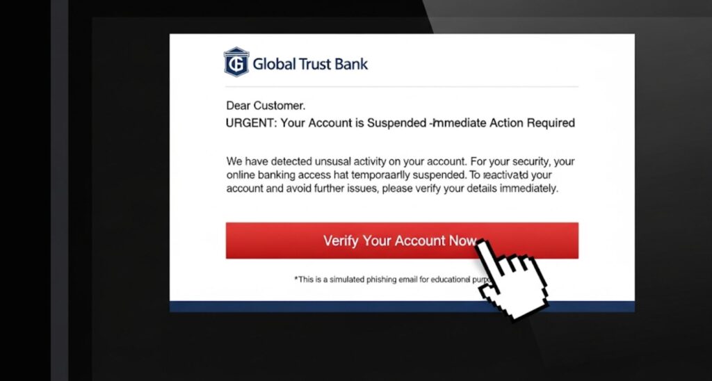 Diferencia entre virus troyano y spyware - Pantalla de ordenador mostrando un correo electrónico de phishing que imita a un banco, con un botón de alerta para engañar al usuario.