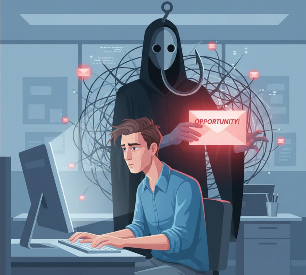 Amenazas Ciber 2025: Ilustración de un ataque de phishing en un entorno de oficina.