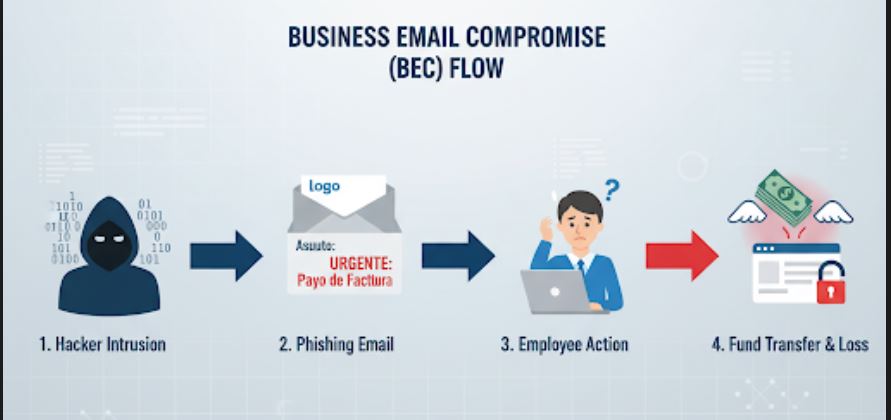 Amenazas Ciber 2025: Diagrama de flujo que explica cómo funciona un ataque de Business Email Compromise.