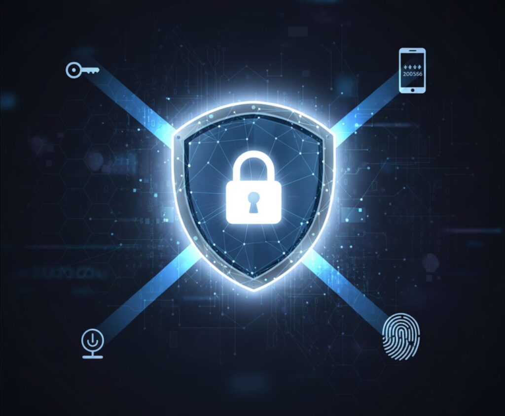 Amenazas Ciber 2025: Concepto visual de la Autenticación Multifactor como un escudo protector.