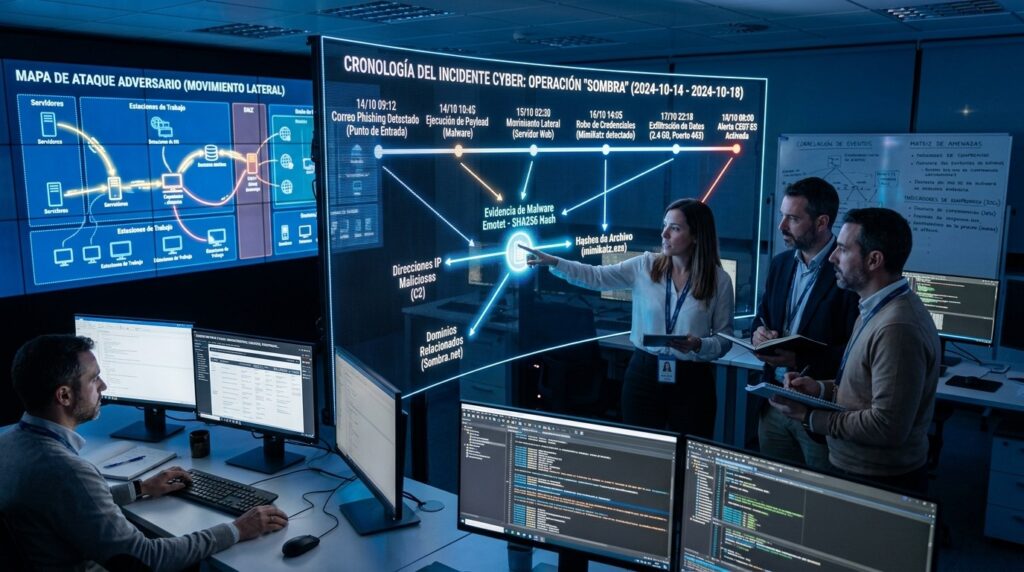 Reconstrucción de Incidente: Equipo CERT europeo analizando la cadena de ataque y la línea temporal forense con indicadores de compromiso.