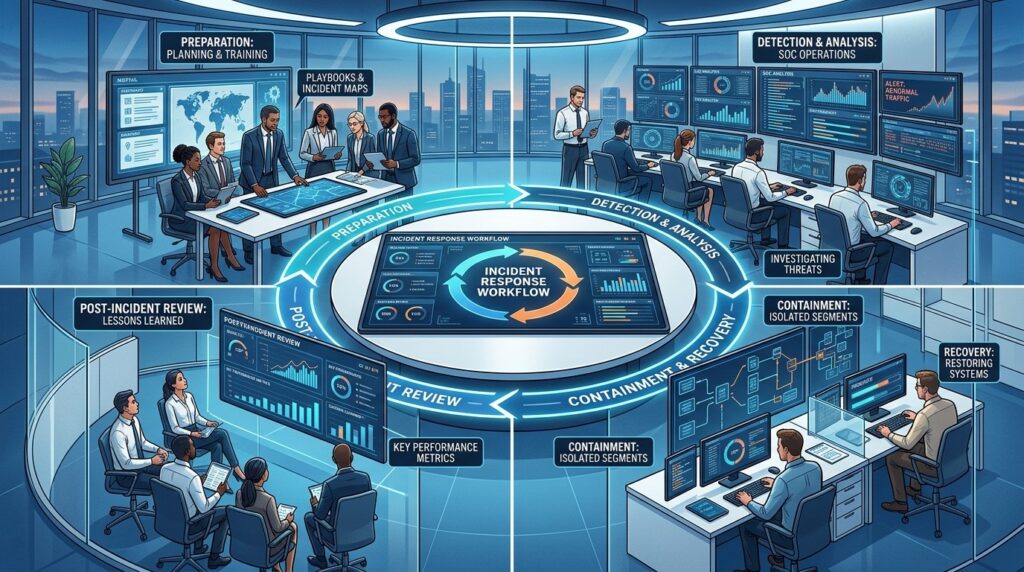 playbooks de respuesta a incidentes - Laboratorio Forense Digital: Analista forense de las fuerzas de seguridad europeas examinando evidencia digital con dispositivos write-blocker.