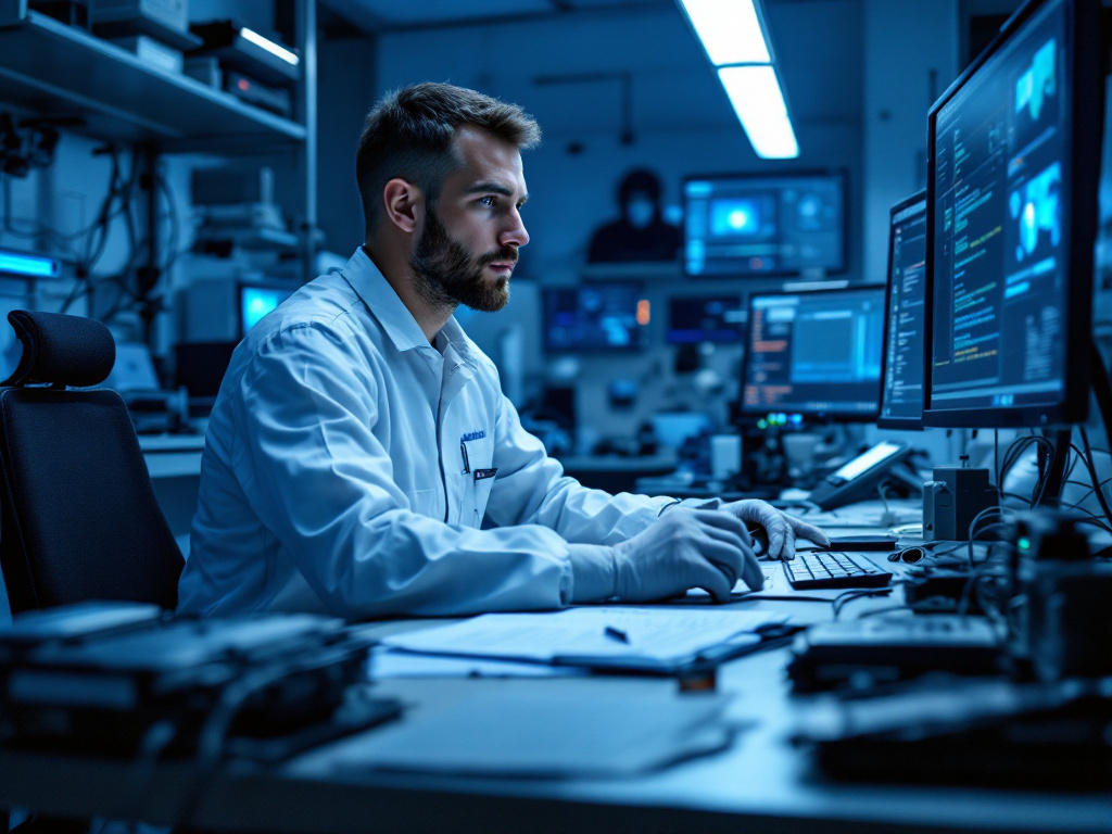 Laboratorio Forense Digital: Analista forense de las fuerzas de seguridad europeas examinando evidencia digital con dispositivos write-blocker.