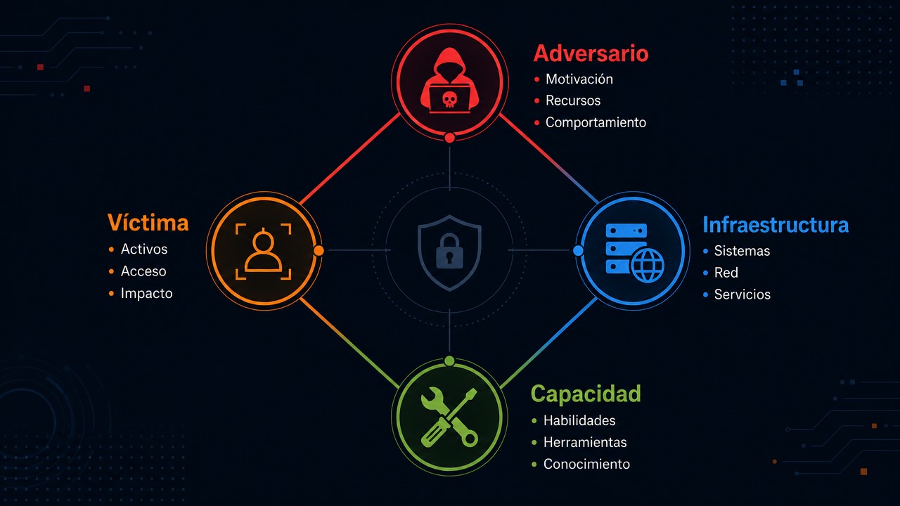 Diagrama del Modelo Diamante con los cuatro vértices del análisis de intrusiones: adversario, infraestructura, capacidad y víctima
