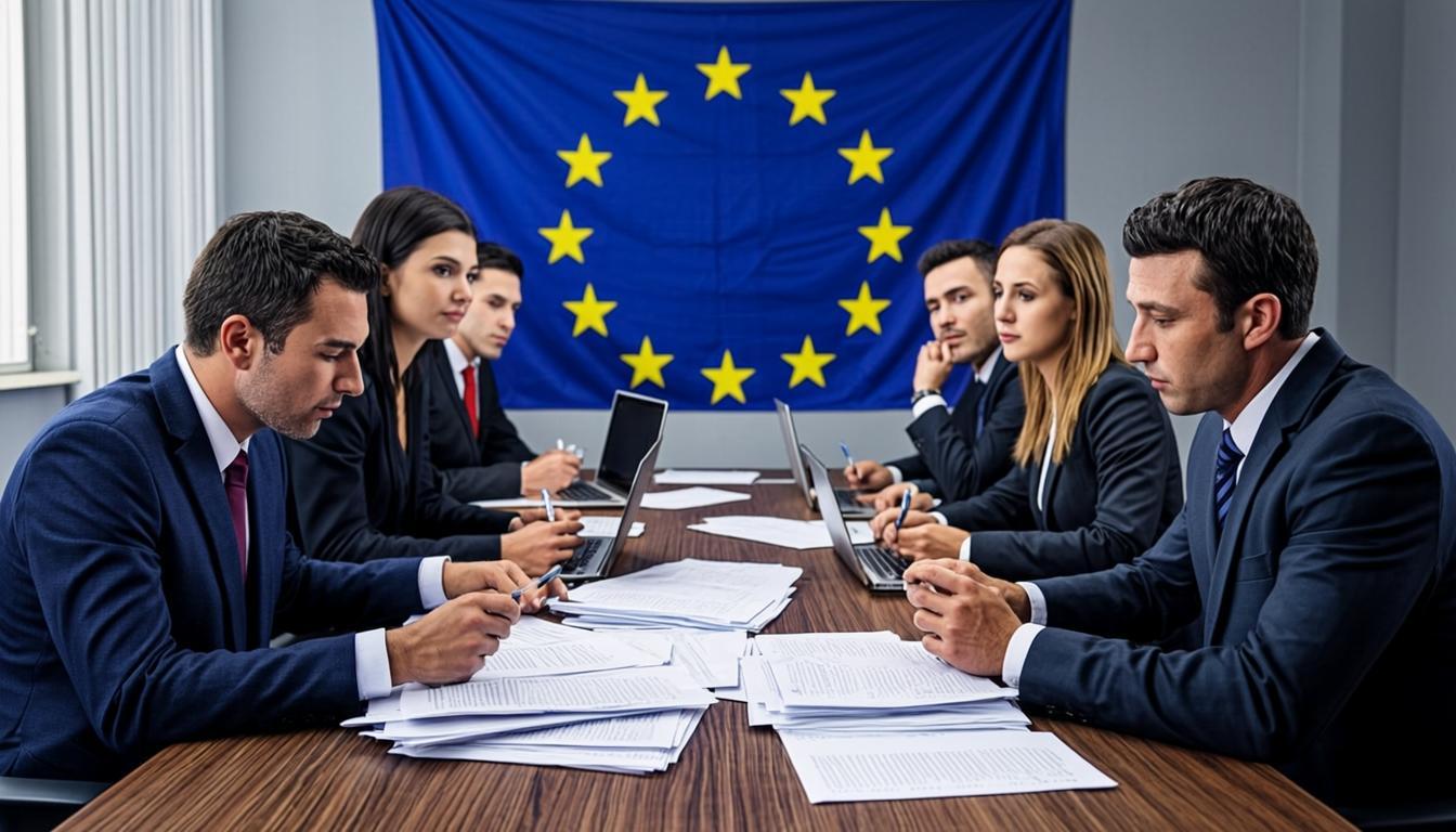 Diplomáticos y expertos tecnológicos debatiendo la estrategia de ciberseguridad europea en Bruselas.