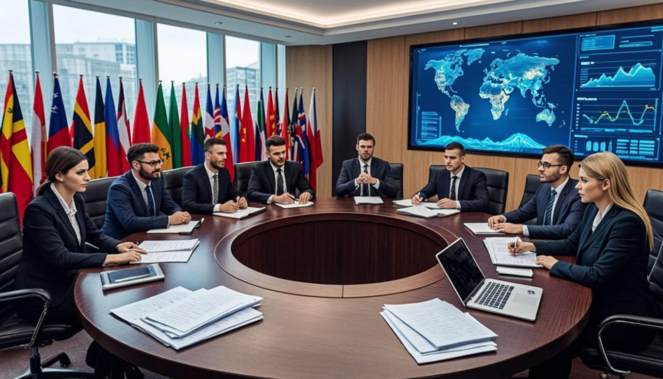 Diplomacia Cibernética Internacional: Representantes europeos negociando normas y tratados cibernéticos en cumbre internacional.