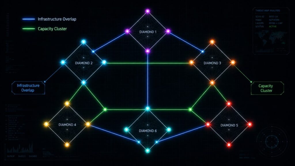 Modelo Diamante análisis de intrusiones -- Grafo de correlación del Modelo Diamante análisis de intrusiones mostrando diamantes vinculados por adversario, infraestructura y capacidad compartidos
