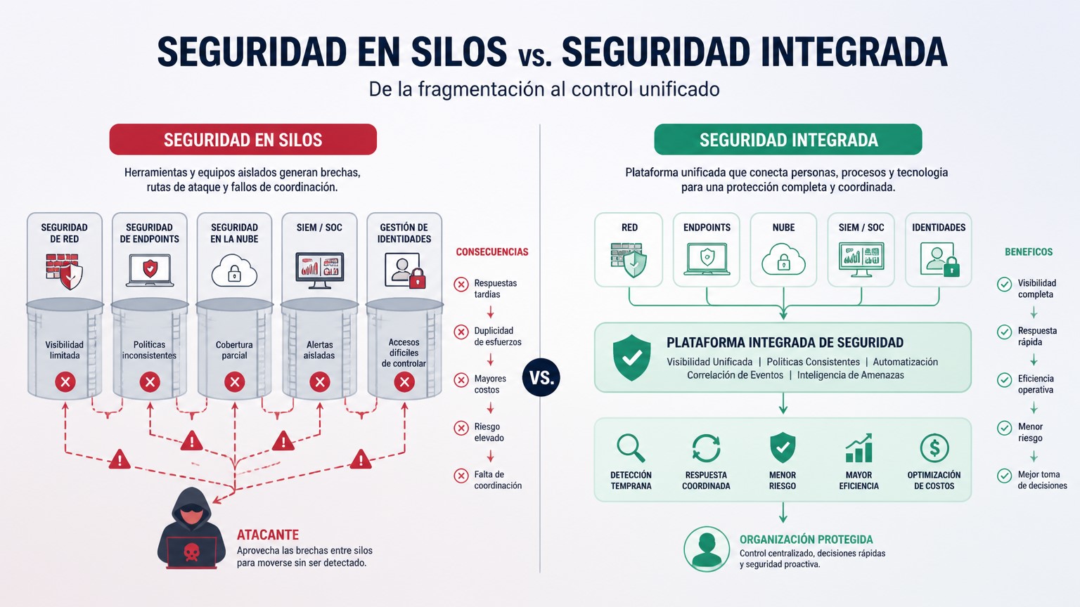 Comparación entre ciberseguridad en silos y ciberseguridad integrada.
