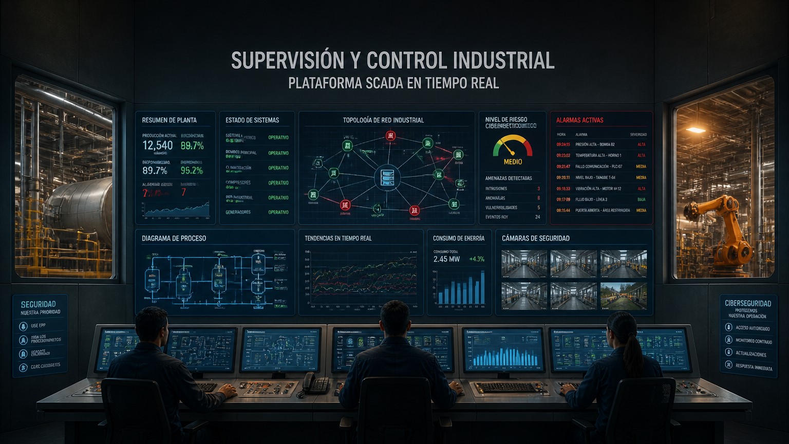 Sala de control industrial con foco en pruebas de penetración OT/ICS

