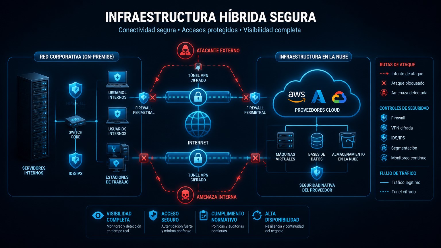 Mapa de una arquitectura híbrida con puntos de pentesting en redes, endpoints y cloud

